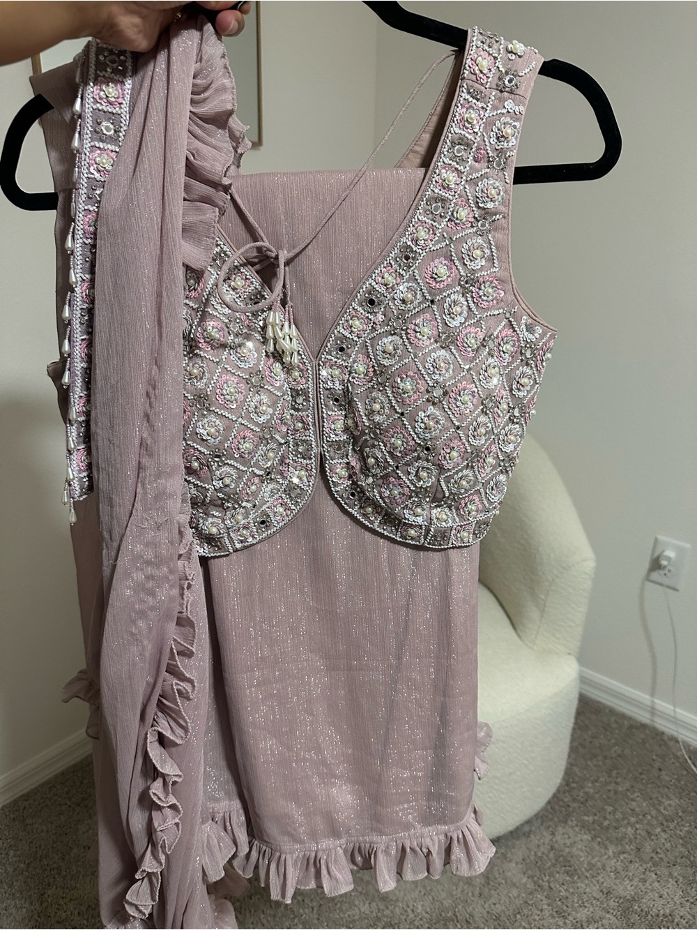 Elegant Light Pink Ruffle Saree with Embellished Blouse - Picture 3 of 4